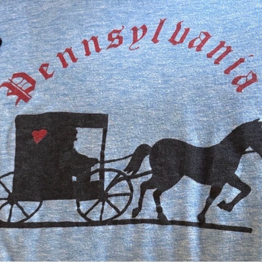 Vintage Blue Graphic Tee with Horse and Carriage Design Made in the USA